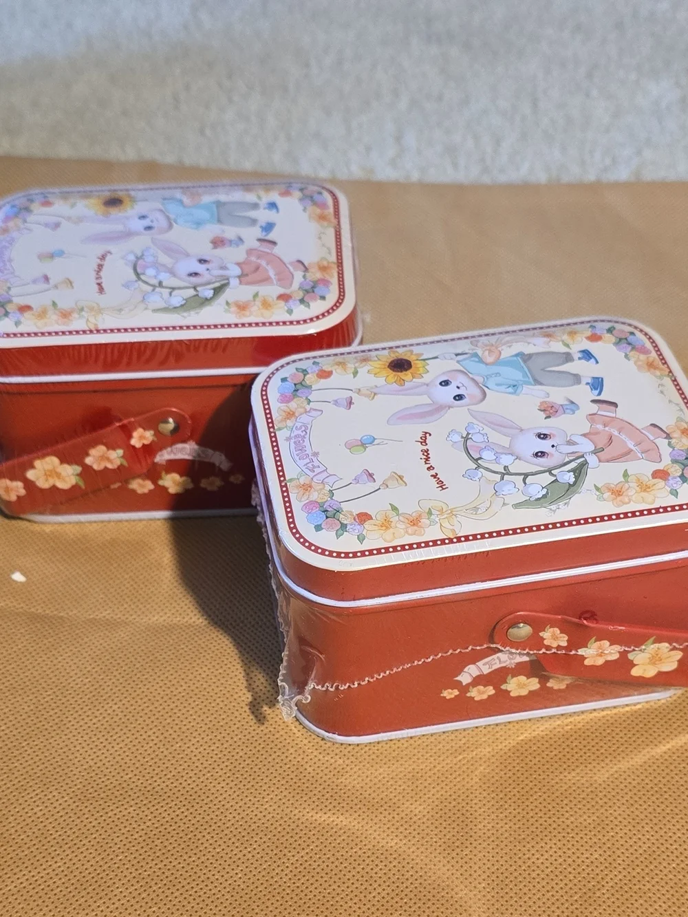 Red Bunny-Themed Metal Storage Tin for Kids